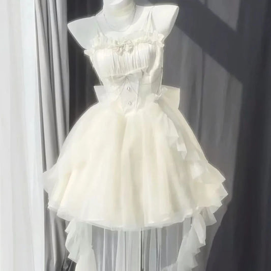 Summer Korean Version of White Moonlight First Love Exquisite and Western-style Waist Slimming Slim Shimmering Tail Dress