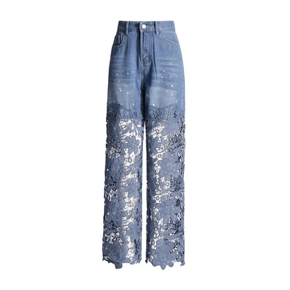 TWOTWINSTYLE Hollow Out Spliced Diamonds Loose Denim Pant For Women High Waist Patchwork Lace Casual Jeans Female Fashion Style