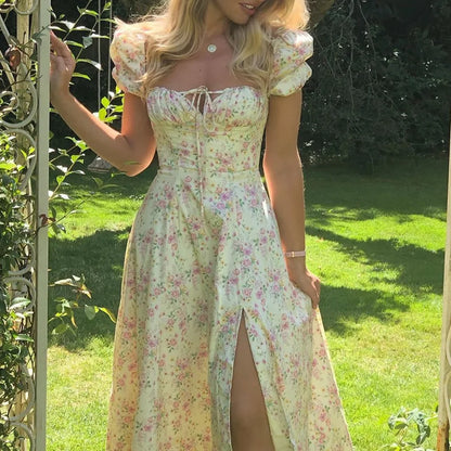 Skinny floral prints Dresses for Summer Women's Dress Square Neck Short Bubble Sleeves High Waist Lace-up Maxi Split Dress
