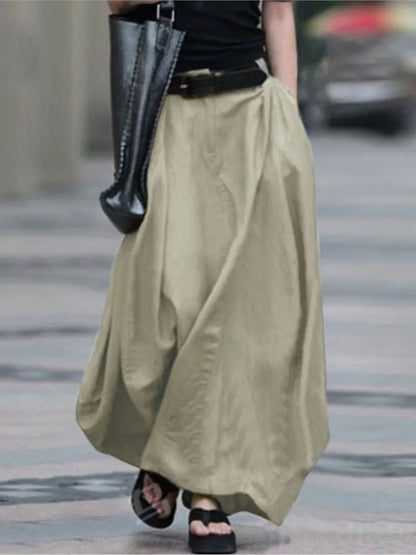 Autumn Women's Vintage Simple Skirt Summer Fashion Loose Solid Cotton Linen High Waist Casual Beach A-line Maxi Skirts Female
