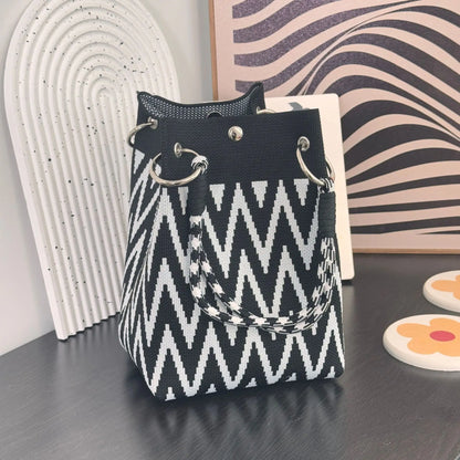 Mini Knitted Bucket Bag Women Small Handbag Geometric Colorblock Wristlet Purse With Detachable Handle