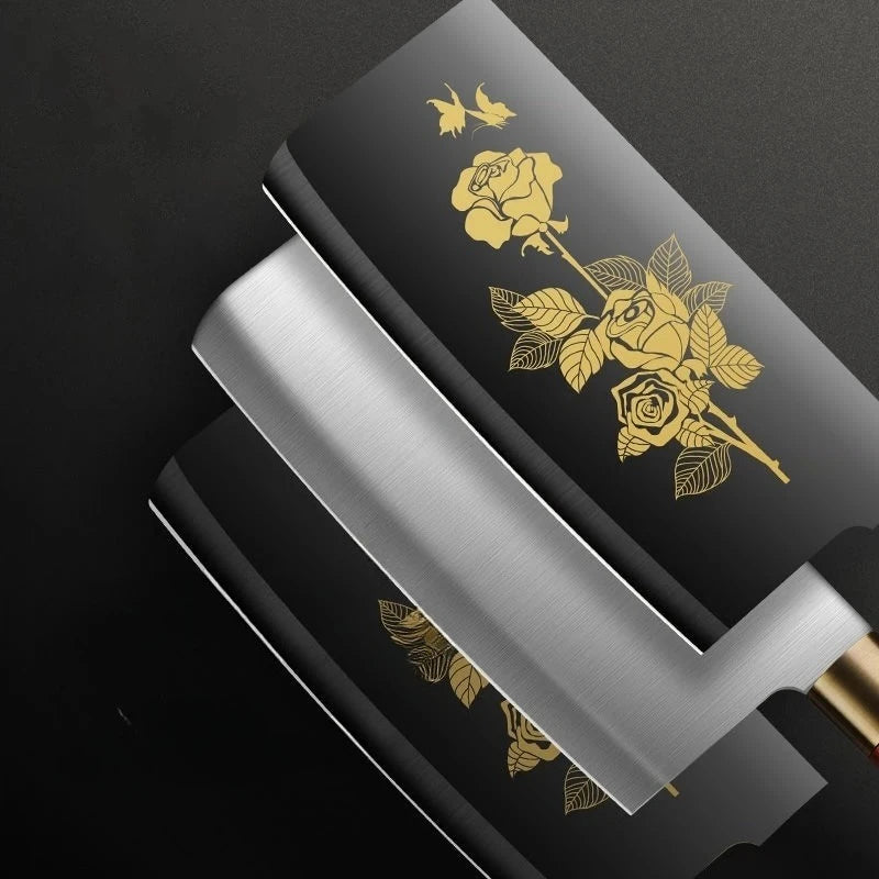 Deluxe Gold Titanium Plated Blade Fruit and Vegetable Chopper Deluxe Stainless Steel Kitchen Knife Professional Cooking Gear
