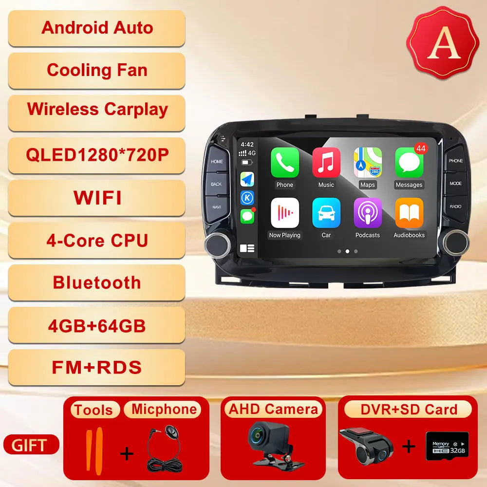 GPS Navigation Android 15 Auto Carplay 7" For FIAT 500 2016 - 2019 Stereo Multimedia Player 4G WIFI Bluetooth DSP 360 Camera