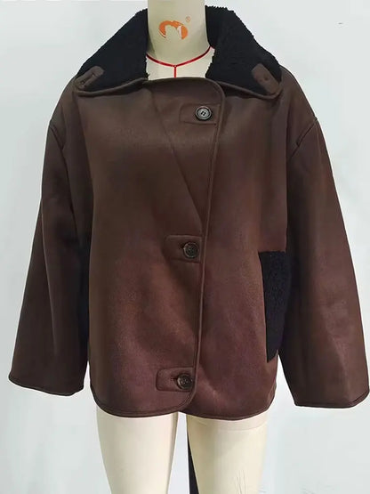 HH Winter Vintage Leather Fur Thick Warm Jackets For Women Long Sleeves Single Breasted Lapel Pockets Street Fashion Coats