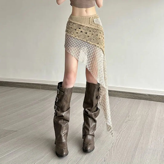 Bohemian Vintage Embroidery Knitted Skirts Summer Lace Patchwork Skirt for Women 2026 New Slim Fit Bodycon Faldas Mujer