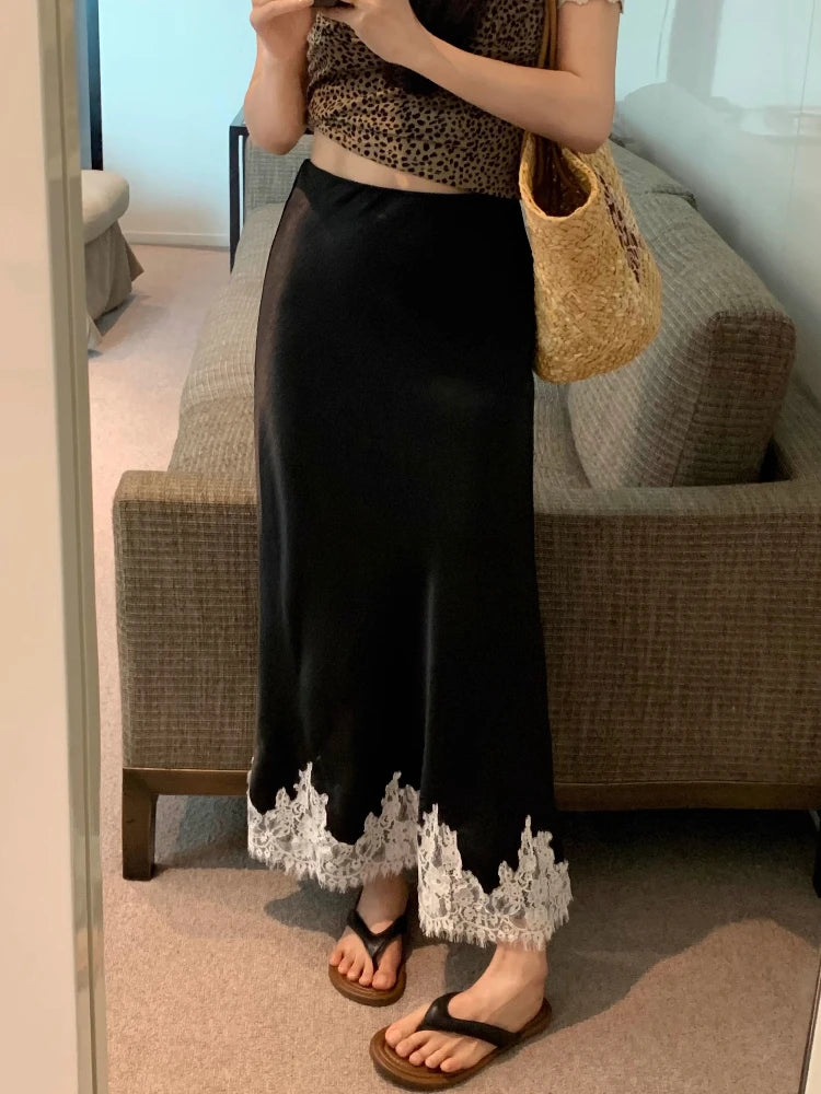 Elegant Long Skirts for Women Summer High Waist Lace Satin Skirt Women's A-line Korean Fashion Solid Color Loose Women's Skirt