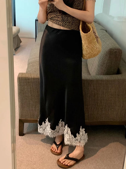 Elegant Long Skirts for Women Summer High Waist Lace Satin Skirt Women's A-line Korean Fashion Solid Color Loose Women's Skirt
