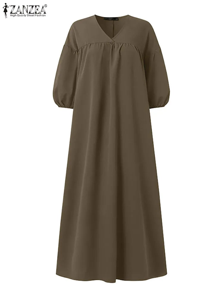 2025 ZANZEA Autumn Maxi Long Dress Women Solid Loose Sundress Pleated Vestidos Fashion Causal Puff Sleeve Holiday Robe Kaftan