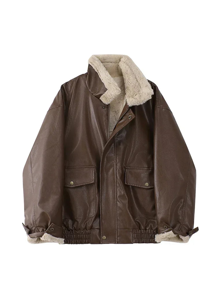 Retro Gothic Brown Plush Fur Leather Jacket Women Fashion Classic Vintage Autumn And Winter Zipper Casual Motorcycle Jacket