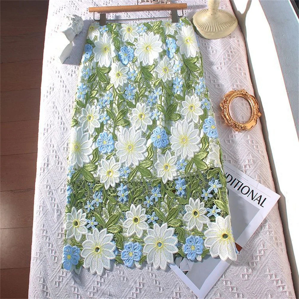 Spring and Summer Crocheted Openwork Lace Bag Hip Skirt Female Long Flower Embroidered Beautiful Skirt Female Skirts for Women