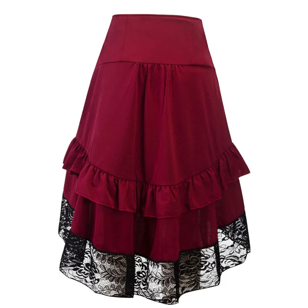 High Low Ruffle Costumes Steampunk Cosplay Skirt Lace Gothic Women Party Lolita Red Button Front Medieval Victorian Punk Skater
