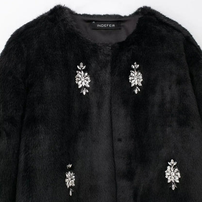 SAW Independent Station Luxury Artificial Fur Jacket Women's Outerwear Crew Neck Short Coat Jewelry Decoration Winter Coat