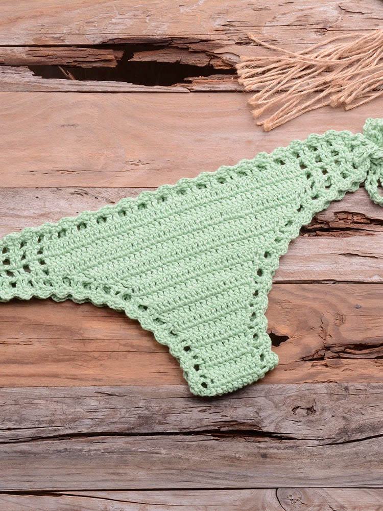 Sexy Crochet Bikinis Sets Handmade Knitted Cotton Swimwear Swimsuit Top + Bottom Bandage Women Sexy Beachwear Biquinis