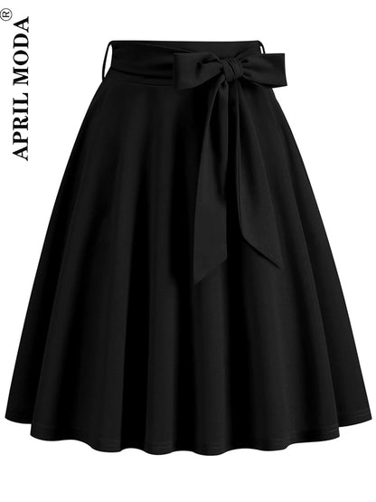 Red Women's High Waist A-Line Pockets Skirt Casual Summer Flared Midi Skirt 1950s Retro Swing Pinup Skirt Office Lady Workwear