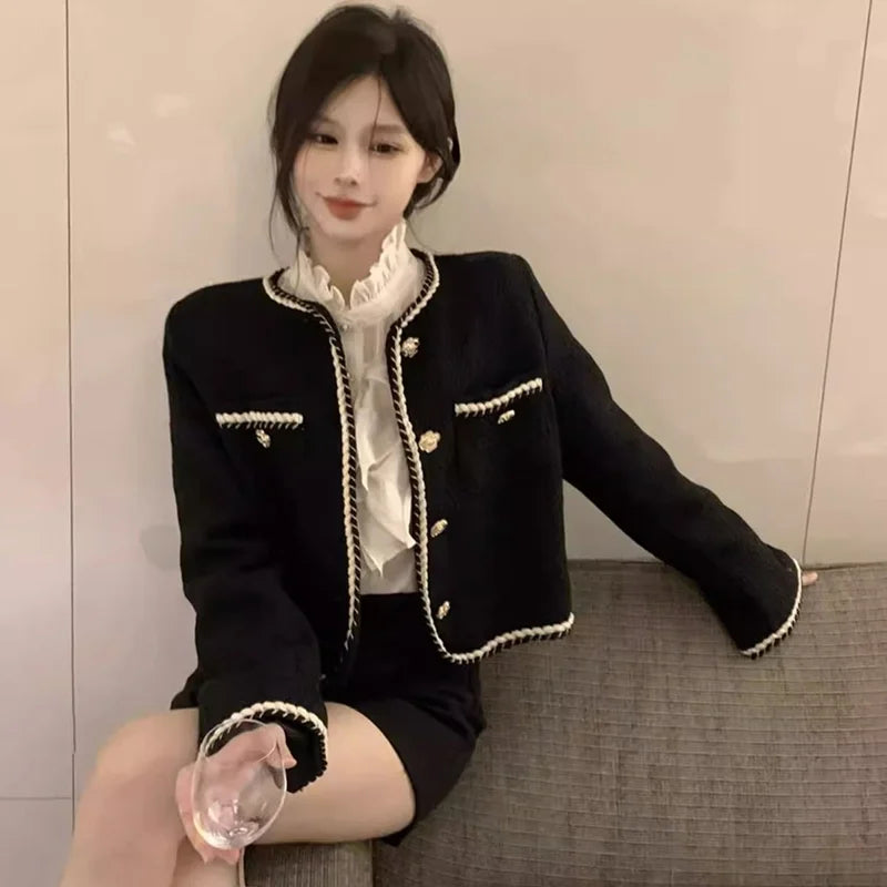 Smvp 2024 Autumn Winter New Elegant Black Coat Women Korean Thicken Warm Single Breasted Blazer Casual Short Outerwear Tops Lady