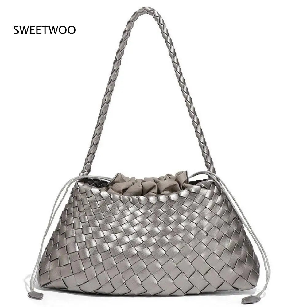 Women's Woven Shoulder Bag Soft Leather Tote Bag with Drawstring Inner Bag 2-In-1 Bucket Bag for Daily Commute Handbag
