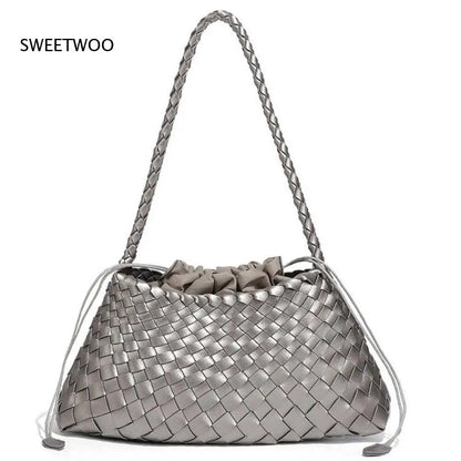 Women's Woven Shoulder Bag Soft Leather Tote Bag with Drawstring Inner Bag 2-In-1 Bucket Bag for Daily Commute Handbag