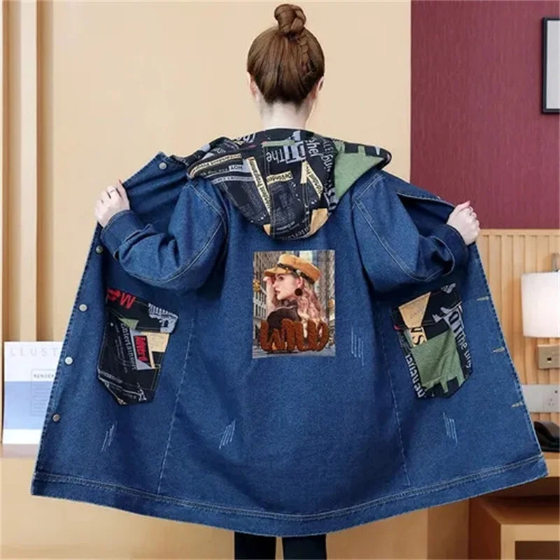 2025 Spring Autumn Denim Jacket Women Hooded Windbreaker Cartoon Printed Coat Long Outerwear Female Oversize 5XL Loose Overcoat