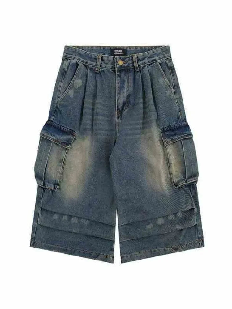 High Waist  Retro Blue Washed Denim Shorts Women's Harajuku Vintage Fashion Casual Loose Y2K Streetwear Wide Leg Cropped Pants