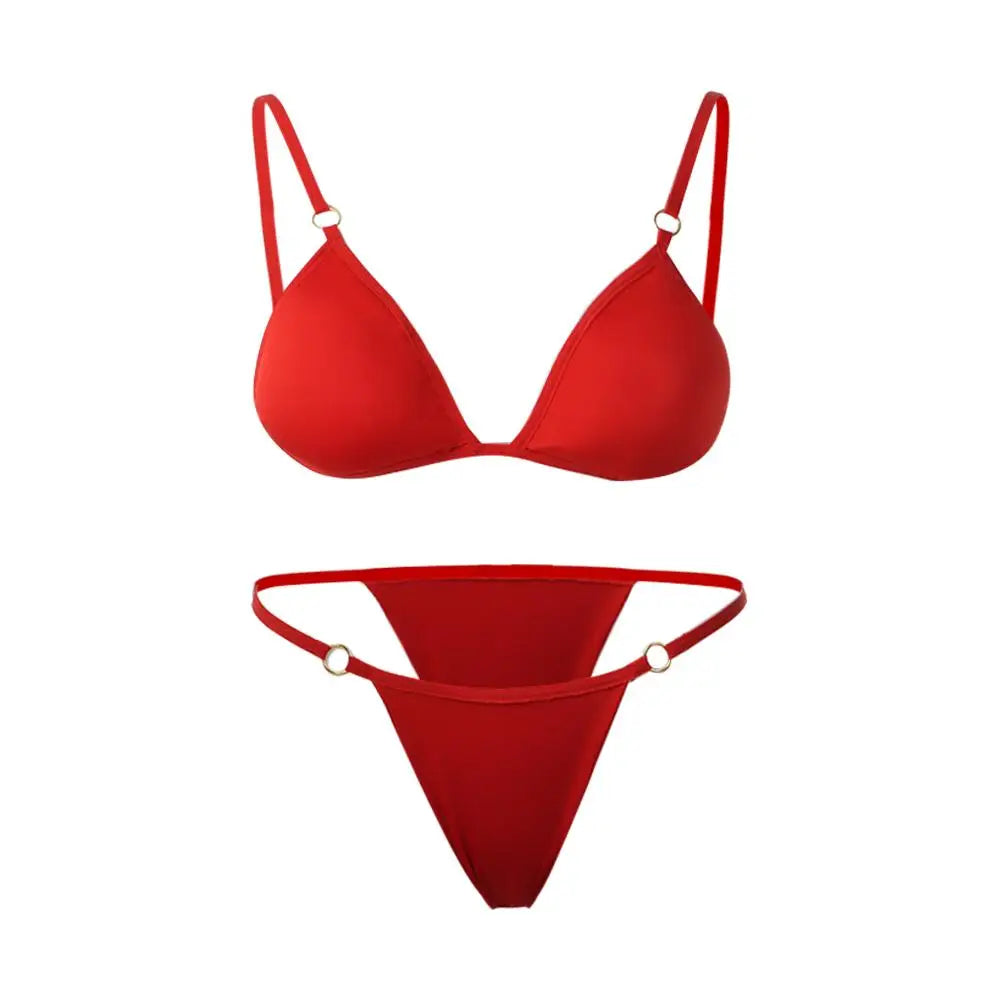 Woman Girl Beach Swimsuit Sexy Low Waist Split Swimwear Solid Color Bikini Set Two Piece Sling Backless Metal Buckle