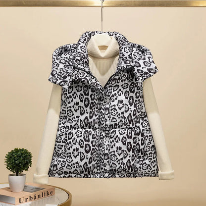 Autumn Winter Leopard Print Cotton Vest For Women American Fashion Hooded Sleeveless Jacket Casual High Street Warm Coat