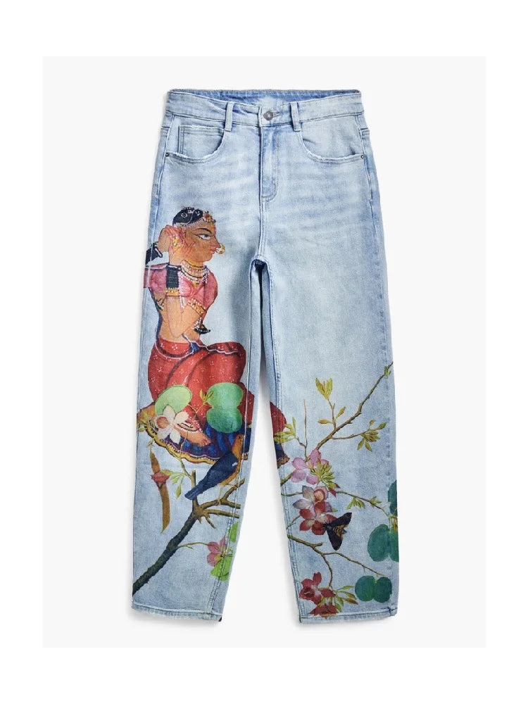 European, American, Spanish original single women's jeans, contrasting color print, elastic casual designer style cropped pants