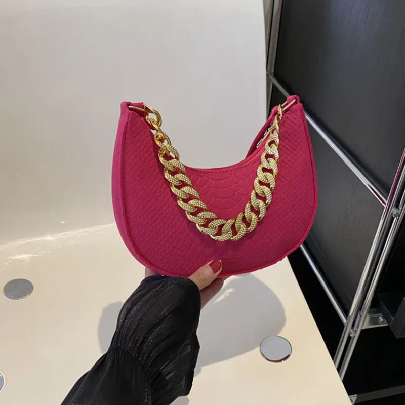 Fashion Women Felt Handbags Imitation Metal Chain Underarm Bag Retro Ladies Solid Color Shoulder Bag Trendy Casual Clutch Purse