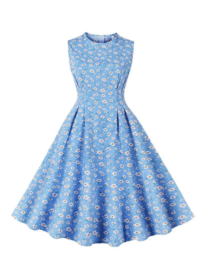 Floral Print Summer Dress Women Elegant Retro Sleeveless Vacation Beach Dress 50S Party Vestidos