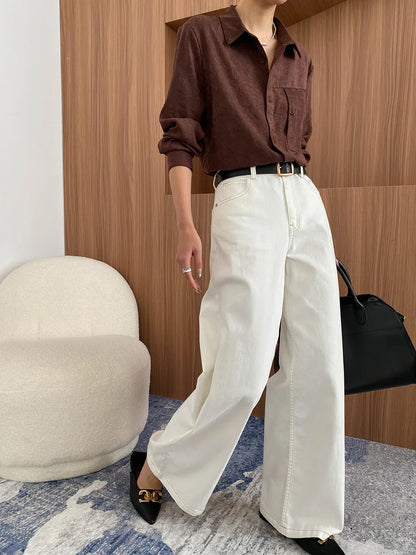 Spring and Autumn Women's Casual Solid Color High Waist Loose Wide Leg Jeans