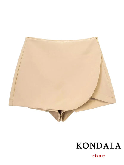 KONDALA Women Fashion 2025 Casual Mini Asymmetrical Skirts Shorts High Waist Back Pockets Wide Leg Skirts Zipper Female Shorts