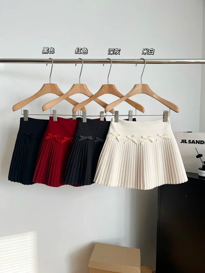 Women's Autumn/Winter Velvet Bow Solid Color Mini Short Skirt High Waist Sweet All match Elegant A-line Pleated Skirt 2024 New
