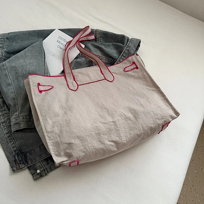 Japanese Nylon Silk Scarf Embroider Tote Bag Large Capacity Fashion Shoulder Bag for School Work Shopping Retro Handbag 2025 NEW