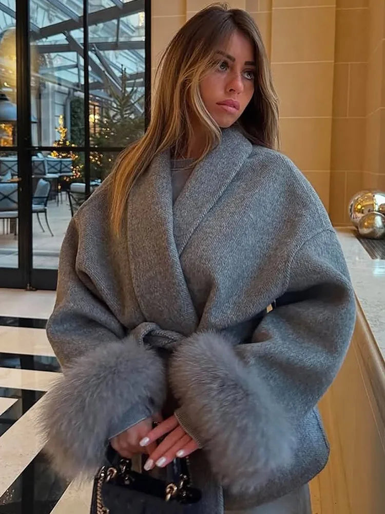 Elegant Lace Up Woolen Short Coat Solid Loose Lapel Furry Belt Long Sleeve Female Jacket 2026 Spring Autumn Lady Chic Cardigan