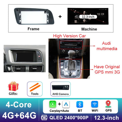 12.3 inch GPS Navigation Wireless Carplay Android 16 for Audi Q5 2009 - 2017 BT Car Multimedia Video Radio Player 4G Auto Tools