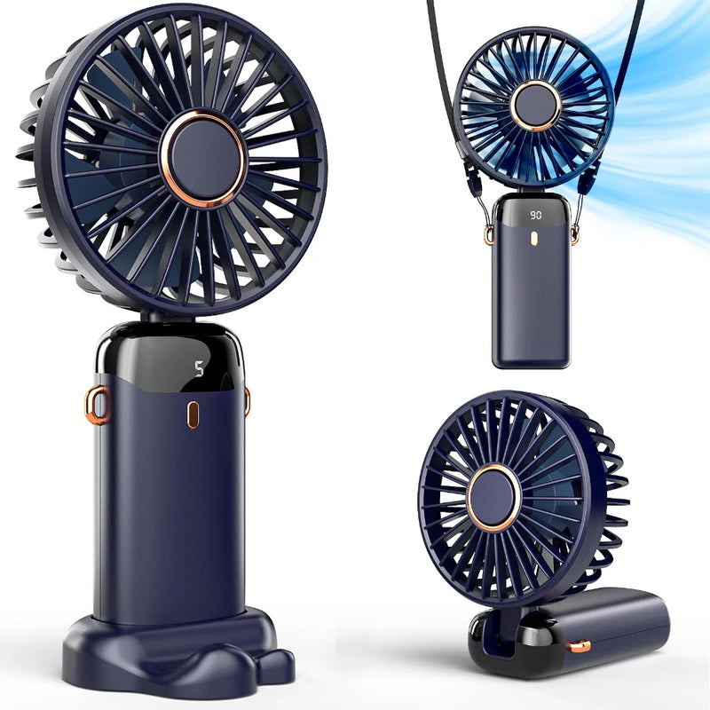 Portable Handheld Fan,Mini Foldable Desk Fan,USB Rechargeable Fans with 5 Speeds,Battery Operated with LED Display for Home