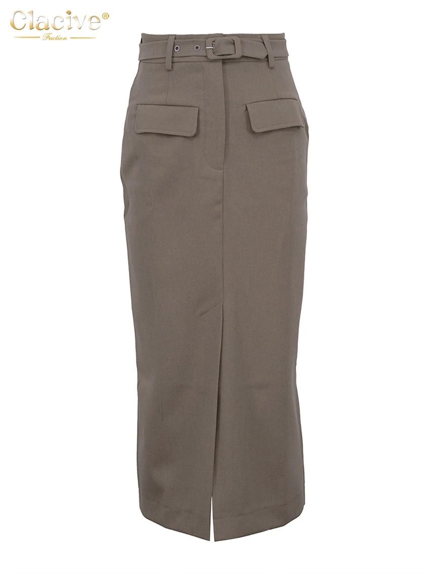 Clacive Fashion Slim Khaki Women's Skirt 2025 Bodycon High Waist Midi Skirt Elegant Classic Solid Slit Skirt Female Clothing