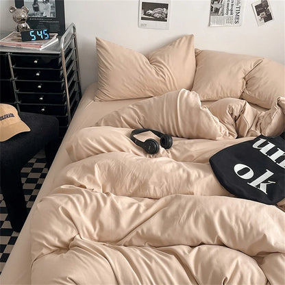 100% Cotton Bed Linen Bedding Set Washed Cotton Four Pieces Bed Sheet Set Comforter Sets Dolid Double Couple Bed Quilt Cover