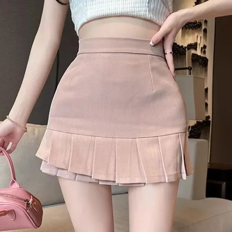 Black High Waist Pleated Mini Skirts Women 2026 Summer Zipper Slim Fit A Line Skirt Woman Korean Solid Suit Short Skirts Ladies