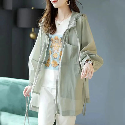 Summer Sunscreen For Women 2025 New Drawstring Waist Mid-length Thin Windbreaker UV Protection Cardigan Lightweight Trench Coat