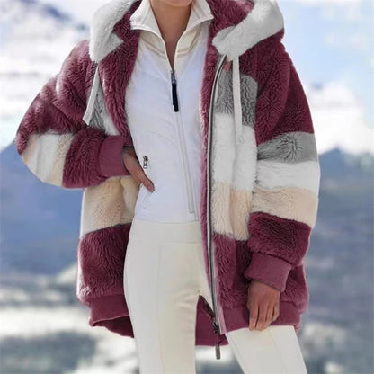 Autumn Winter Warm Plush Pocket Hooded Streetwear Loose Lady Outerwear Coat