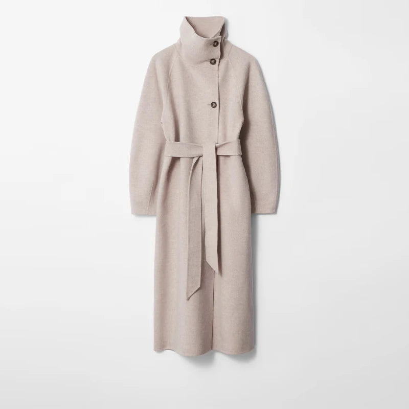 Retro Solid Stand Collar Long Tweed Coat Women 2025 Fashion Large Lapel Single Breasted Coats With Belt Lady Chic Street Outwear