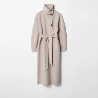Retro Solid Stand Collar Long Tweed Coat Women 2025 Fashion Large Lapel Single Breasted Coats With Belt Lady Chic Street Outwear