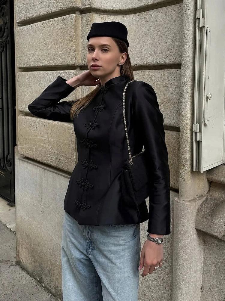 Chic Satin Women Short Buttoned Coat Elegant Round Neck Single Breasted Cinched-waist Crop Jacket 2026 Lady Commute Street Coats