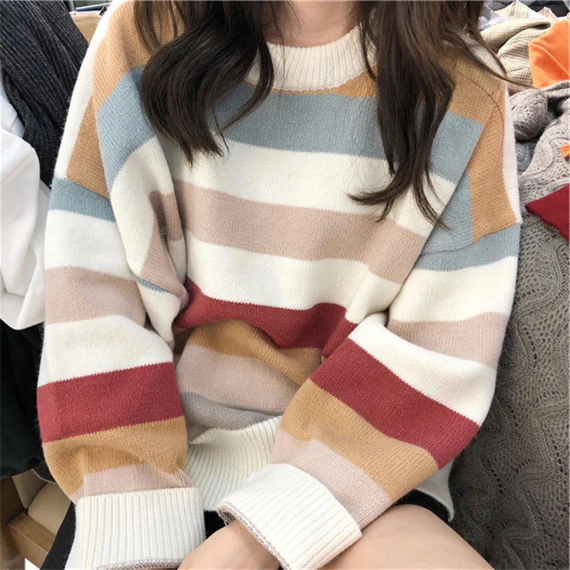 Multicolor Striped Crewneck Sweater Knit Pullovers Women Relaxed Fit Cozy Jumper Fall Winter Knitwear