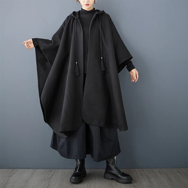 Autumn Winter Loose Large Size k Irregular Design Hat Coat Woolen Windbreaker Outerwear Cloak Vintage Sle Long Sve