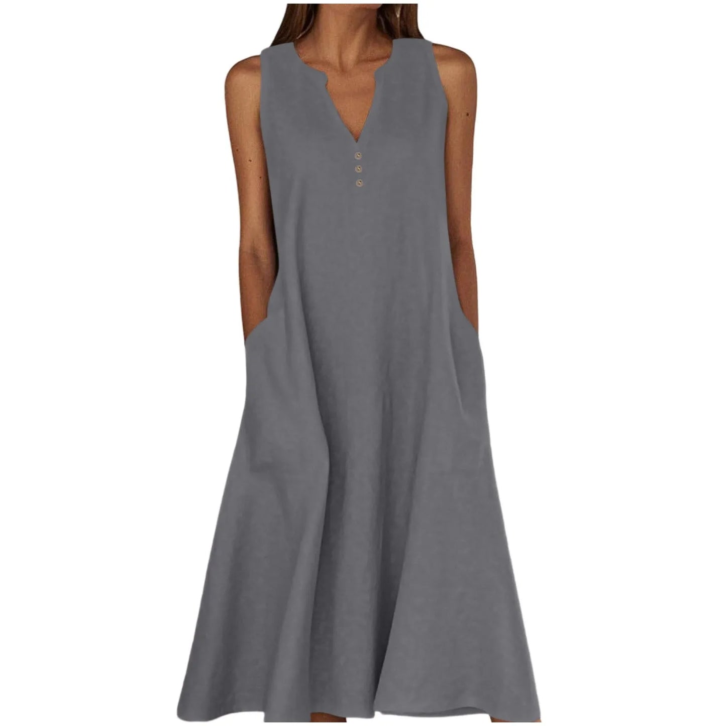 Women's Summer Casual V-neck Button Solid Color Sleeveless Long Dress With Pockets Female Elegant Trendy Casual Loose Dresses