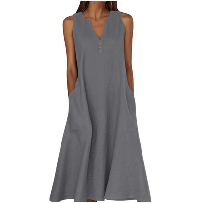 Women's Summer Casual V-neck Button Solid Color Sleeveless Long Dress With Pockets Female Elegant Trendy Casual Loose Dresses