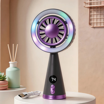 Portable Handheld Fan USB Rechargeable Mini Cooling Fan Digital Display LED Light Personal Fan for Travel Camping Outdoor