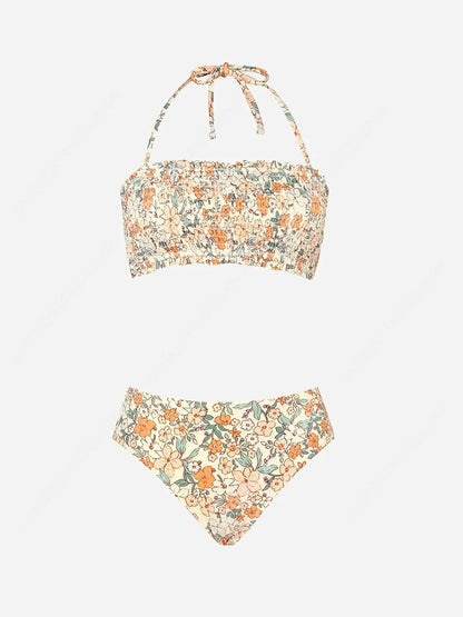 Bikini Set For Women Two Piece Swimsuit Bandeau Top Back Tie Mid Waisted Bottom With Removable Shoulder Straps