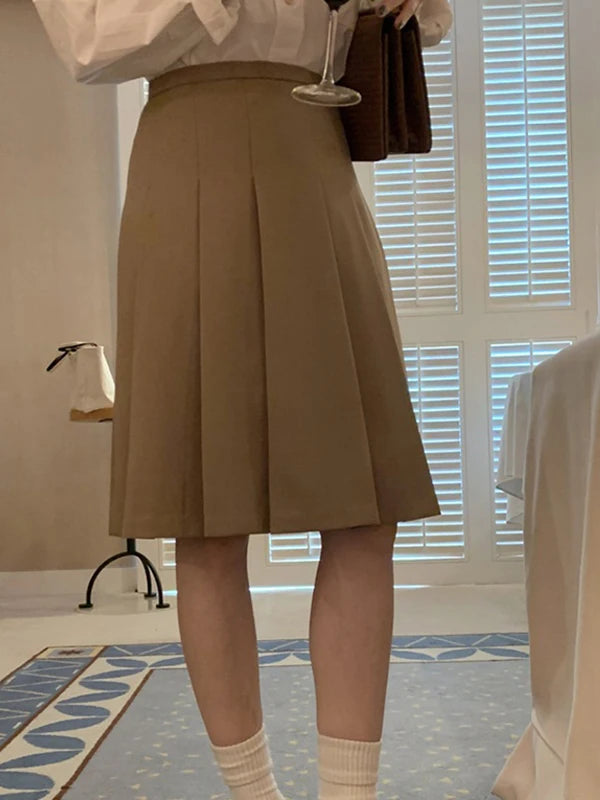 Khaki High Waist A-Line  Skirt Women's Spring Summer New Sle Slimming Small Size Pleated Skirt Commute Sle